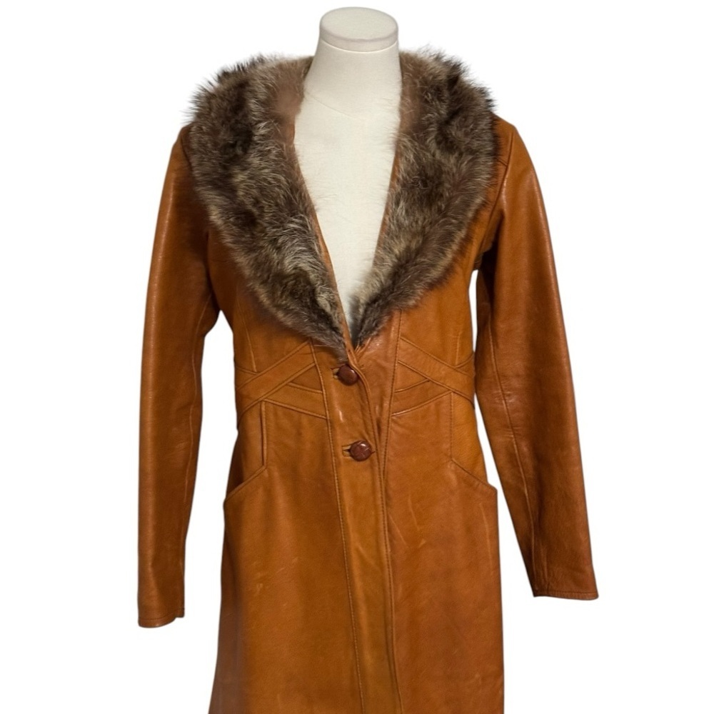 VINTAGE Mango Road Inc Leather Fur Jacket Trench Coat Long Penny Lane XS S Brown - Picture 2 of 14